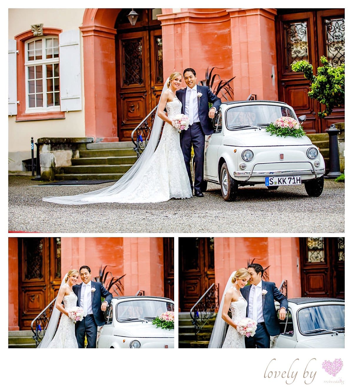 Hochzeit auf Insel Mainau am Bodensee, organisiert von rockwedding, Hochzeitsauto Fiat 500