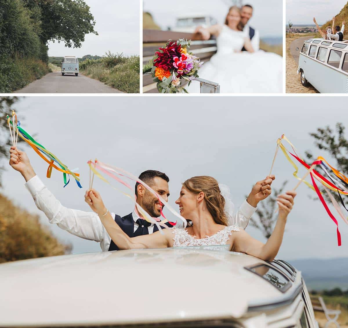 Hochzeitspaar in einem Hippie-Wagen in Obernbergen.